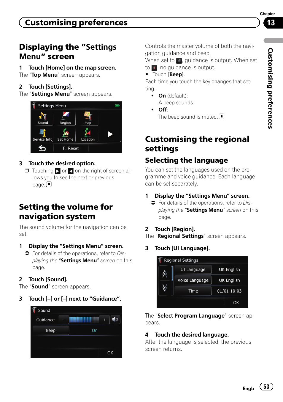 Customising preferences displaying the, Settings menu” screen 53, Setting the volume for navigation system | Customising the regional settings, Selecting the language 53, Displaying the “settings menu ” screen, Customising preferences | Pioneer AVIC-F220 User Manual | Page 53 / 80
