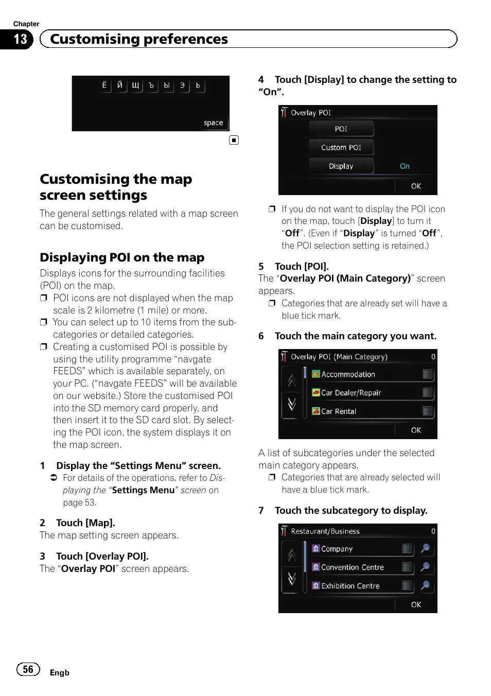 Customising the map screen settings, Displaying poi on the map 56, Displaying poi on the | 13 customising preferences, Displaying poi on the map | Pioneer AVIC-F220 User Manual | Page 56 / 80
