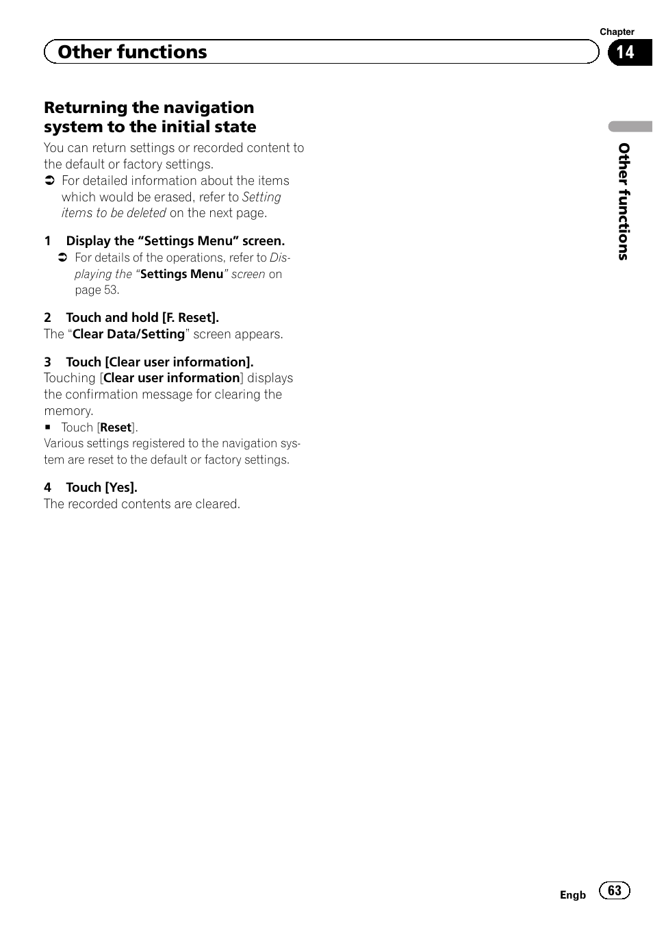 Returning the navigation system to the, Initial state, Returning the naviga | Other functions | Pioneer AVIC-F220 User Manual | Page 63 / 80