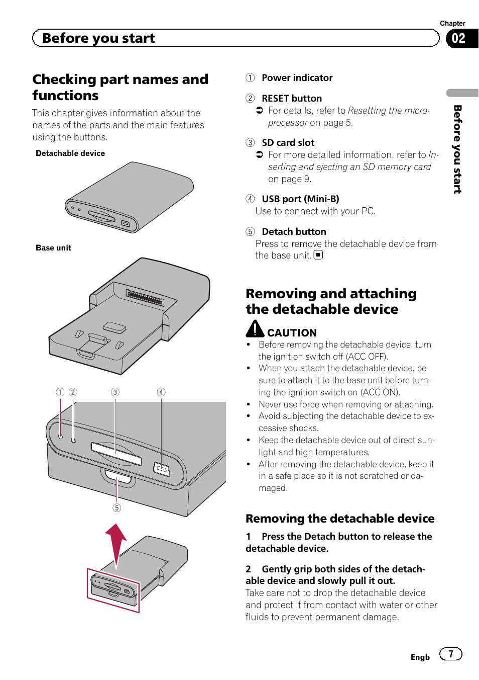 Before you start checking part names and functions, Removing and attaching the detachable, Device | Removing the detachable device 7, Checking part names and functions, Removing and attaching the detachable device, Before you start, Removing the detachable device | Pioneer AVIC-F220 User Manual | Page 7 / 80
