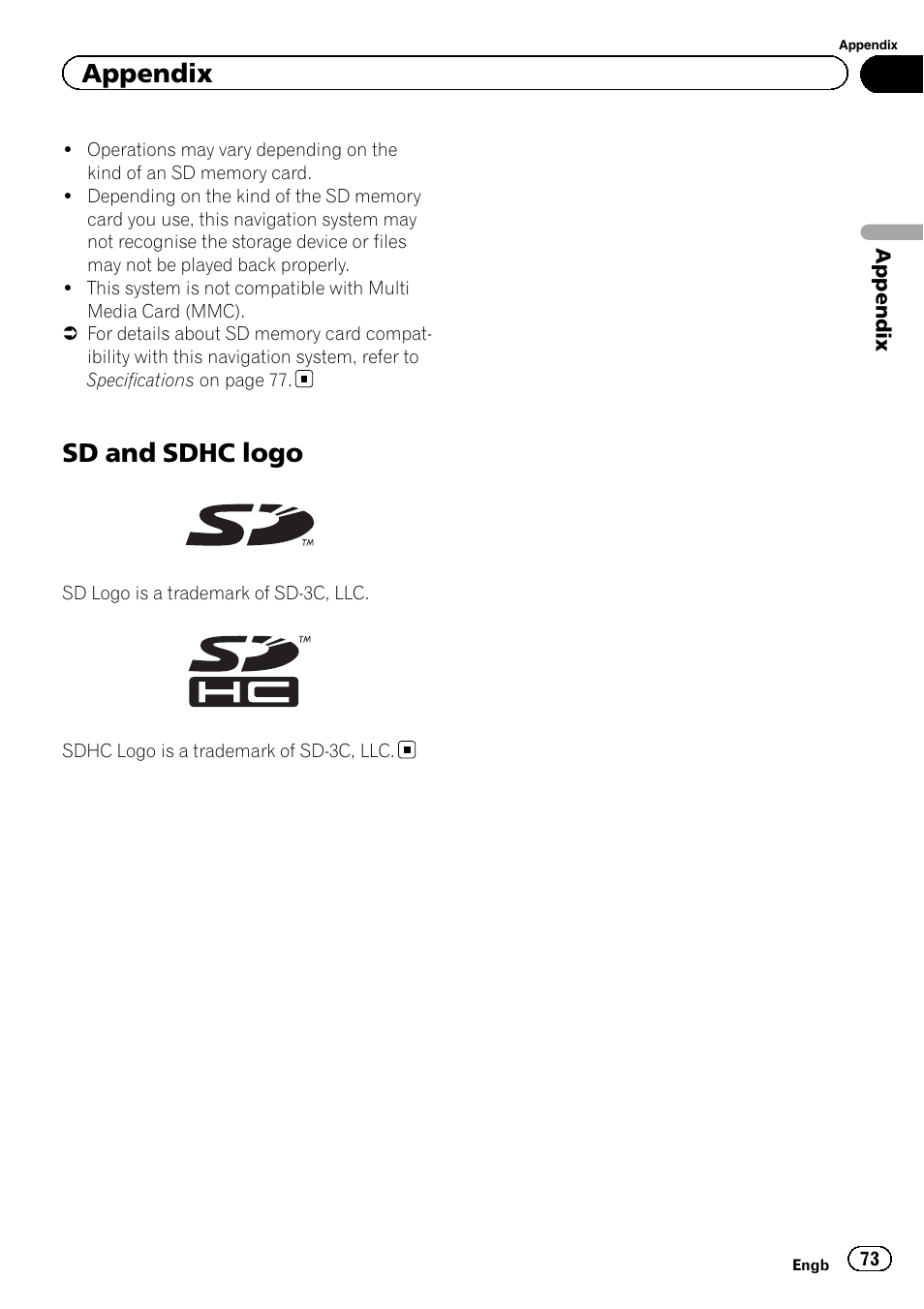 Sd and sdhc logo, Appendix | Pioneer AVIC-F220 User Manual | Page 73 / 80