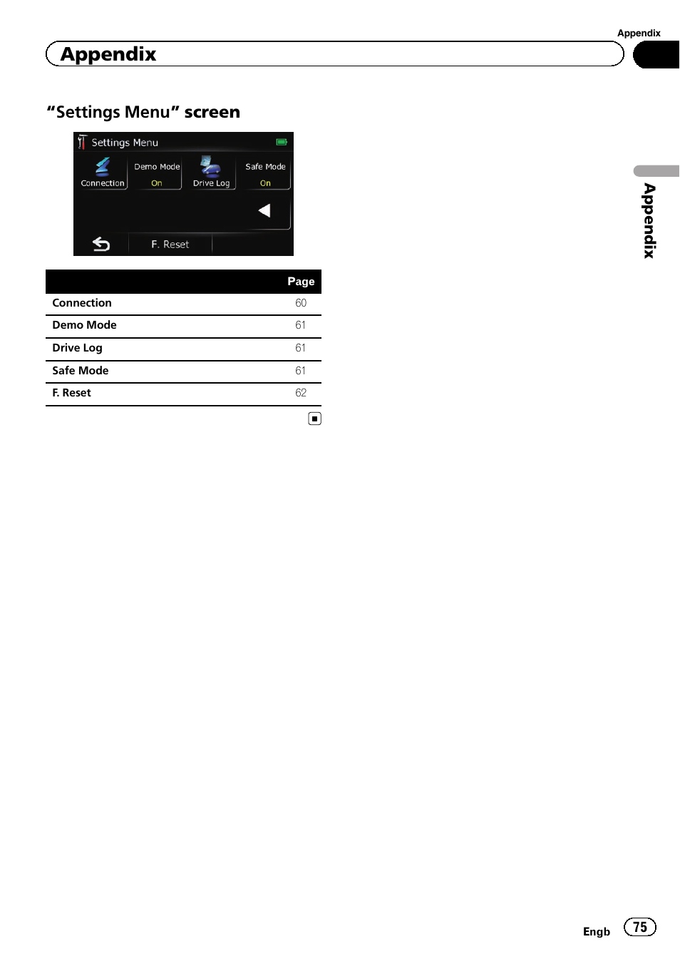 Settings menu” screen 75, Settings menu” screen, Appendix | Pioneer AVIC-F220 User Manual | Page 75 / 80