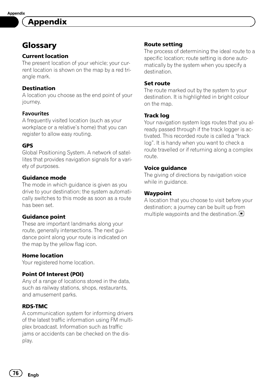Glossary, Appendix | Pioneer AVIC-F220 User Manual | Page 76 / 80