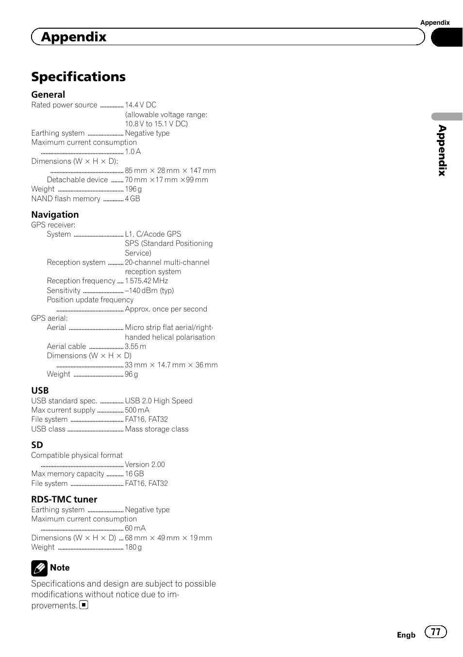 Specifications, Appendix | Pioneer AVIC-F220 User Manual | Page 77 / 80