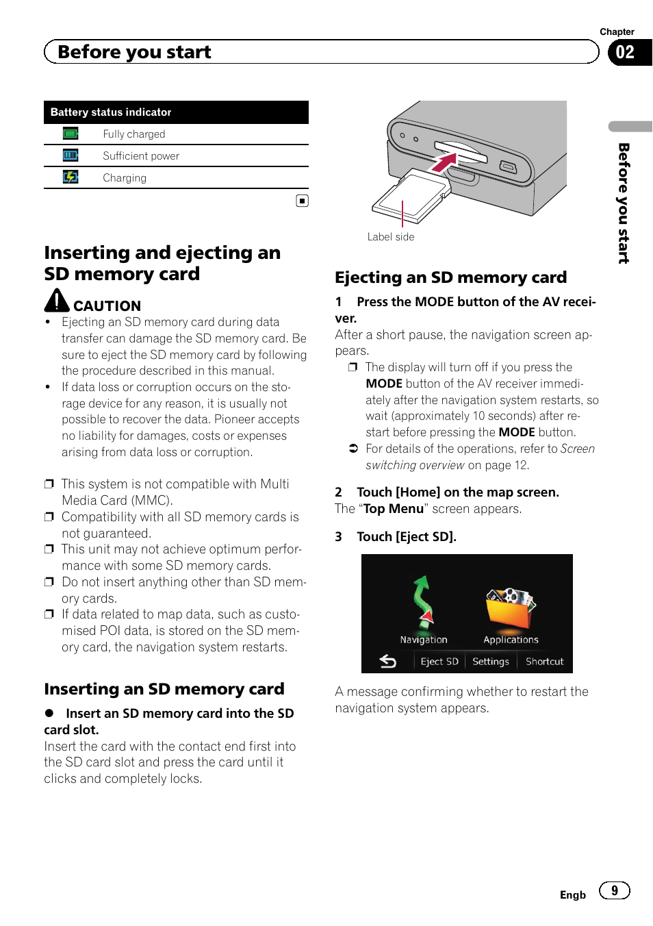 Inserting and ejecting an sd memory, Card, Inserting an sd memory card 9 | Ejecting an sd memory card 9, Before you start | Pioneer AVIC-F220 User Manual | Page 9 / 80