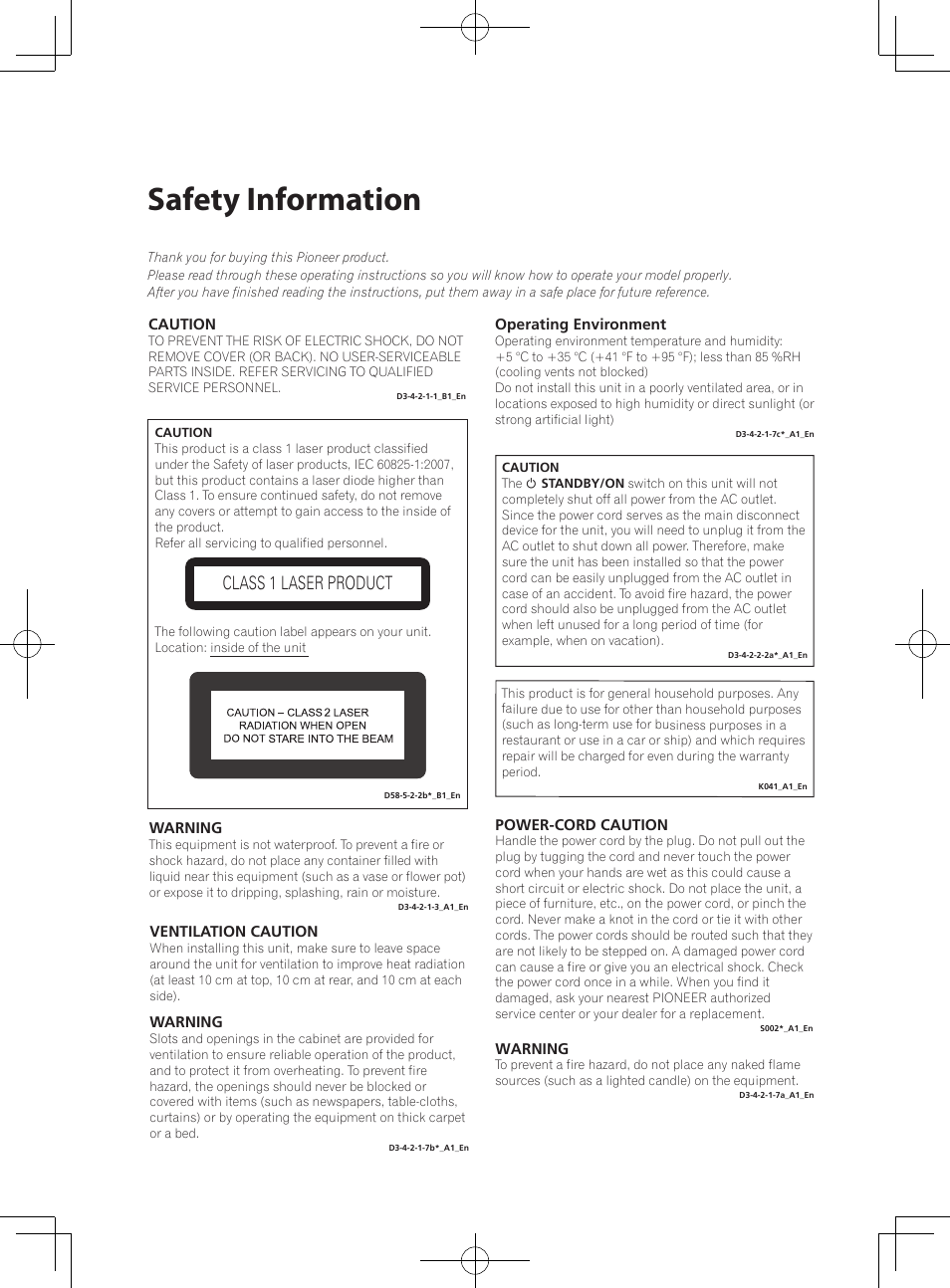 Safety information, Class 1 laser product | Pioneer MCS-333 User Manual | Page 2 / 76