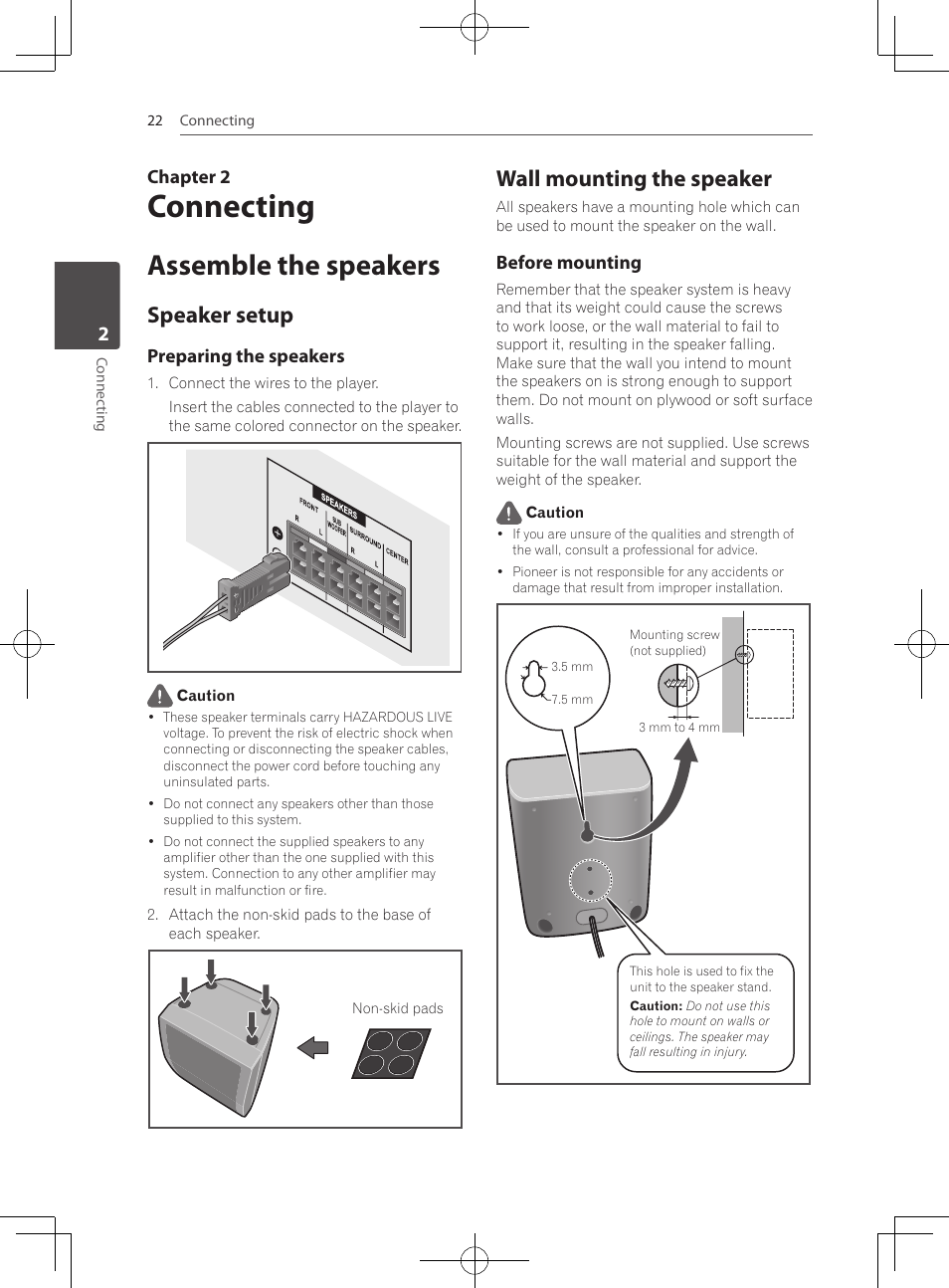 2 connecting, Assemble the speakers, Speaker setup | Wall mounting the speaker, Connecting, Chapter 2, Preparing the speakers, Before mounting | Pioneer MCS-333 User Manual | Page 22 / 76
