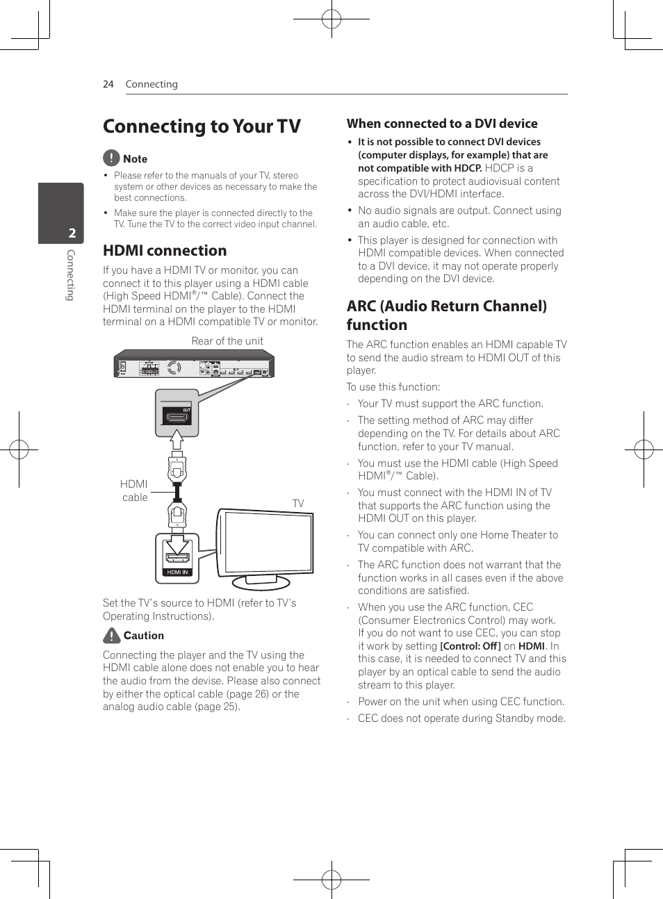 Connecting to your tv, Hdmi connection, Arc (audio return channel) function | Pioneer MCS-333 User Manual | Page 24 / 76