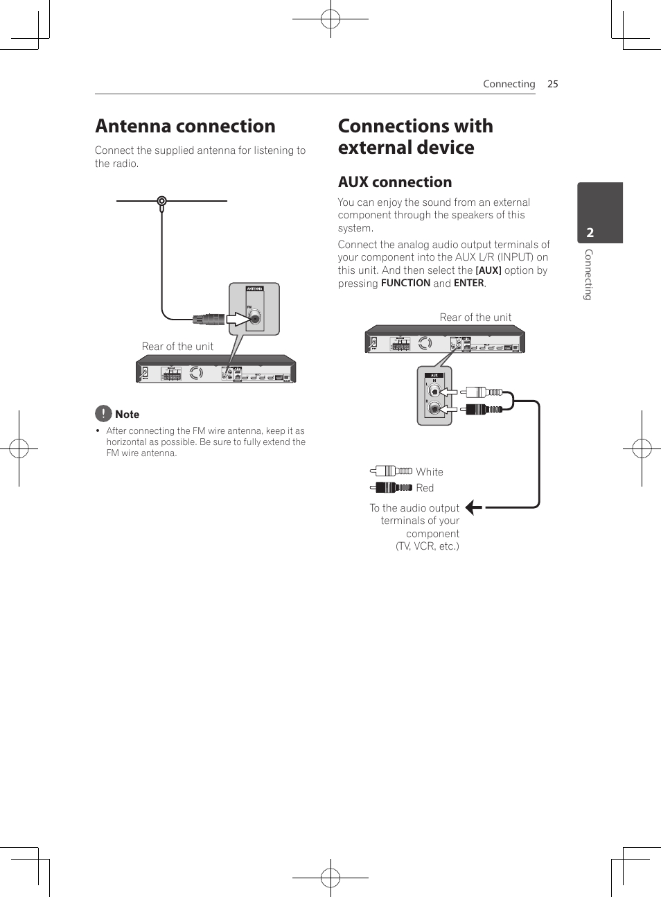 Antenna connection, Connections with external device, Aux connection | Pioneer MCS-333 User Manual | Page 25 / 76