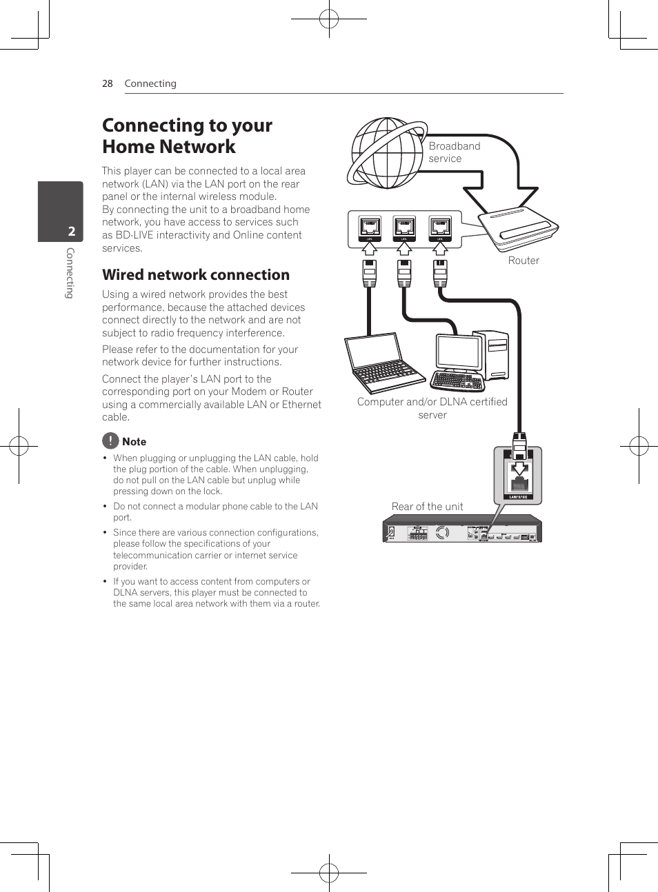 Connecting to your home network, Wired network connection | Pioneer MCS-333 User Manual | Page 28 / 76