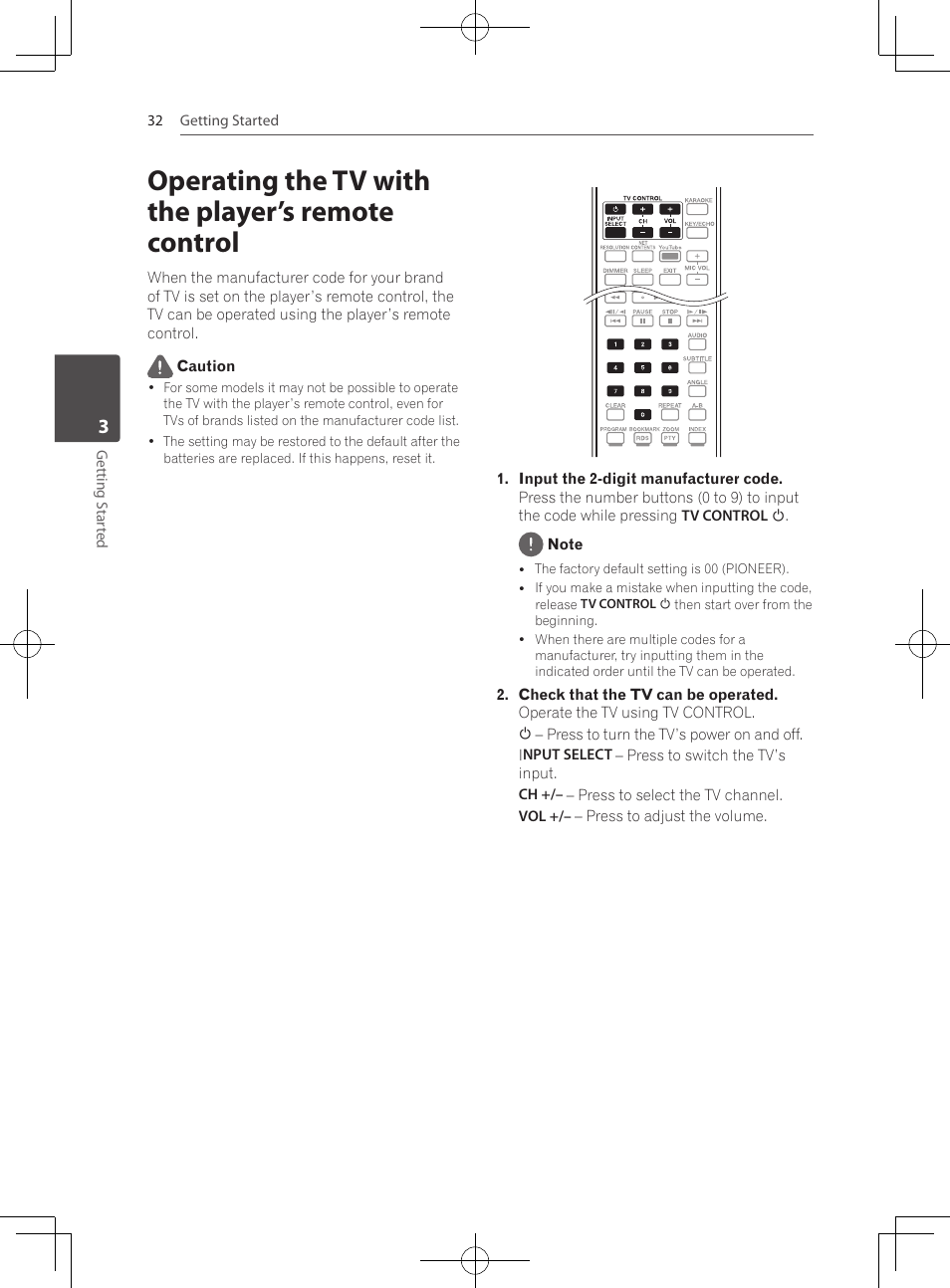 Operating the tv with the player’s remote control | Pioneer MCS-333 User Manual | Page 32 / 76
