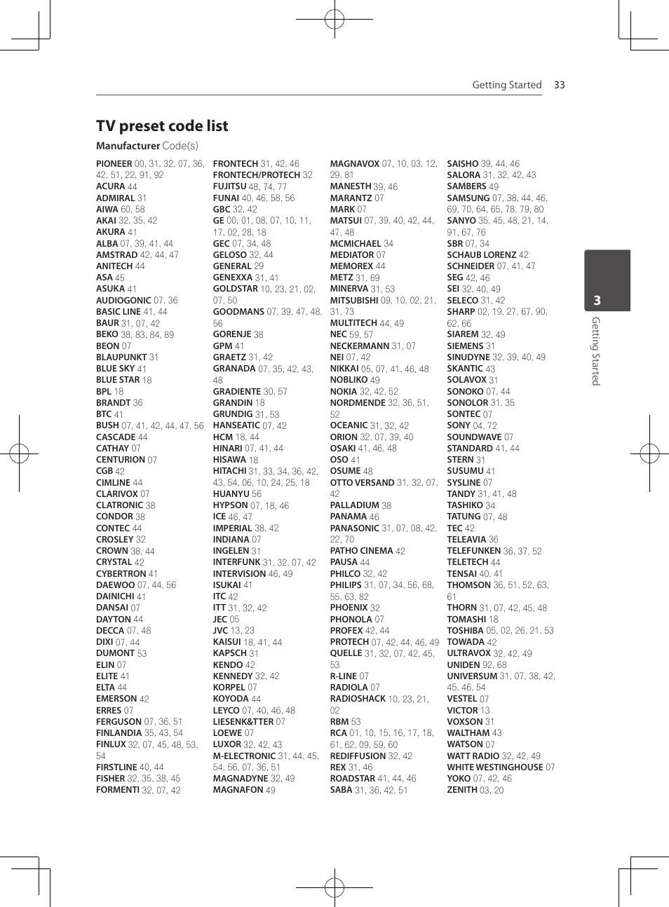 Tv preset code list | Pioneer MCS-333 User Manual | Page 33 / 76