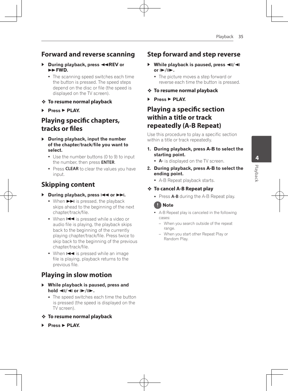 Forward and reverse scanning, Playing specific chapters, tracks or files, Skipping content | Playing in slow motion, Step forward and step reverse | Pioneer MCS-333 User Manual | Page 35 / 76