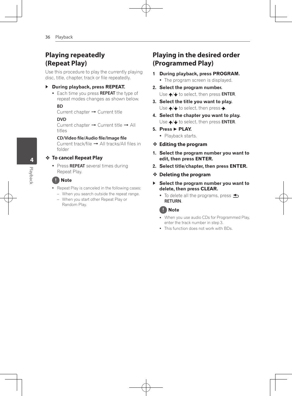 Playing repeatedly (repeat play), Playing in the desired order (programmed play) | Pioneer MCS-333 User Manual | Page 36 / 76