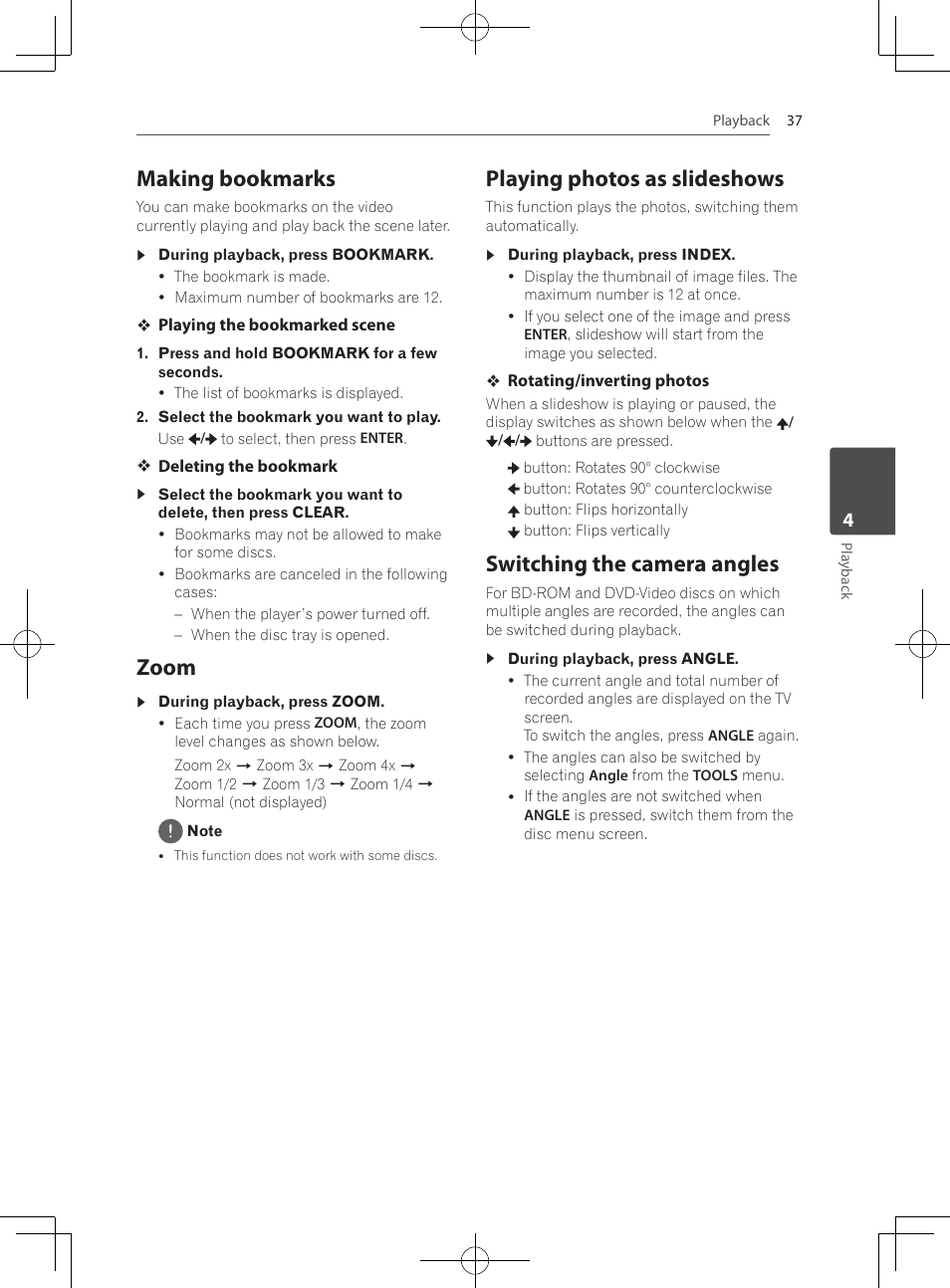 Making bookmarks, 37 – zoom 37, Playing photos as slideshows | Switching the camera angles, Zoom | Pioneer MCS-333 User Manual | Page 37 / 76