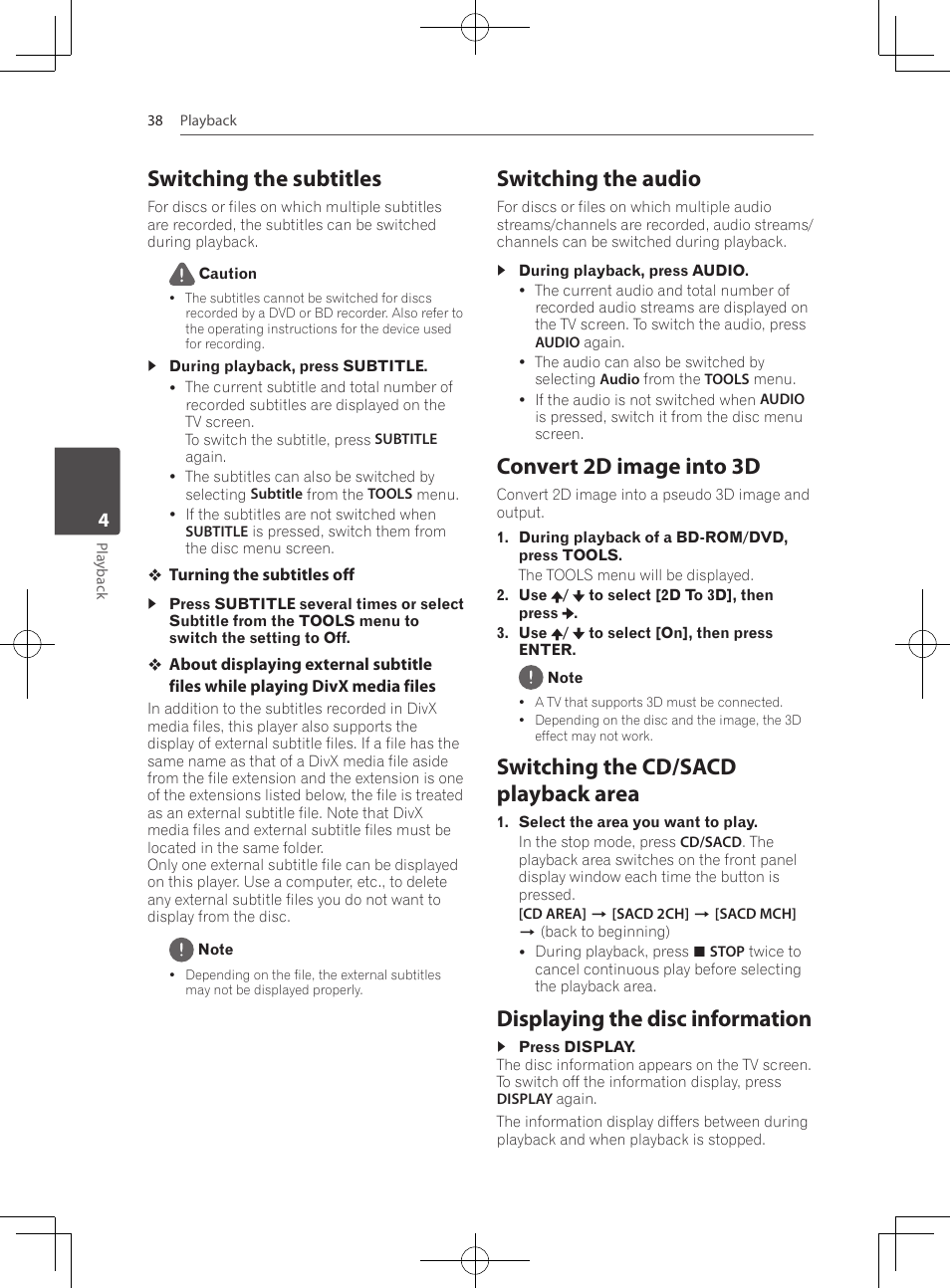 Switching the subtitles, Switching the audio, Convert 2d image into 3d | Switching the cd/sacd playback area, Displaying the disc information | Pioneer MCS-333 User Manual | Page 38 / 76