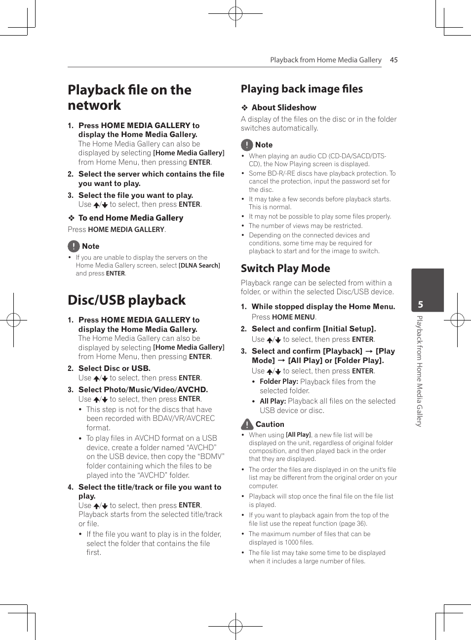 Playback file on the network, Disc/usb playback, Playing back image files | Switch play mode | Pioneer MCS-333 User Manual | Page 45 / 76