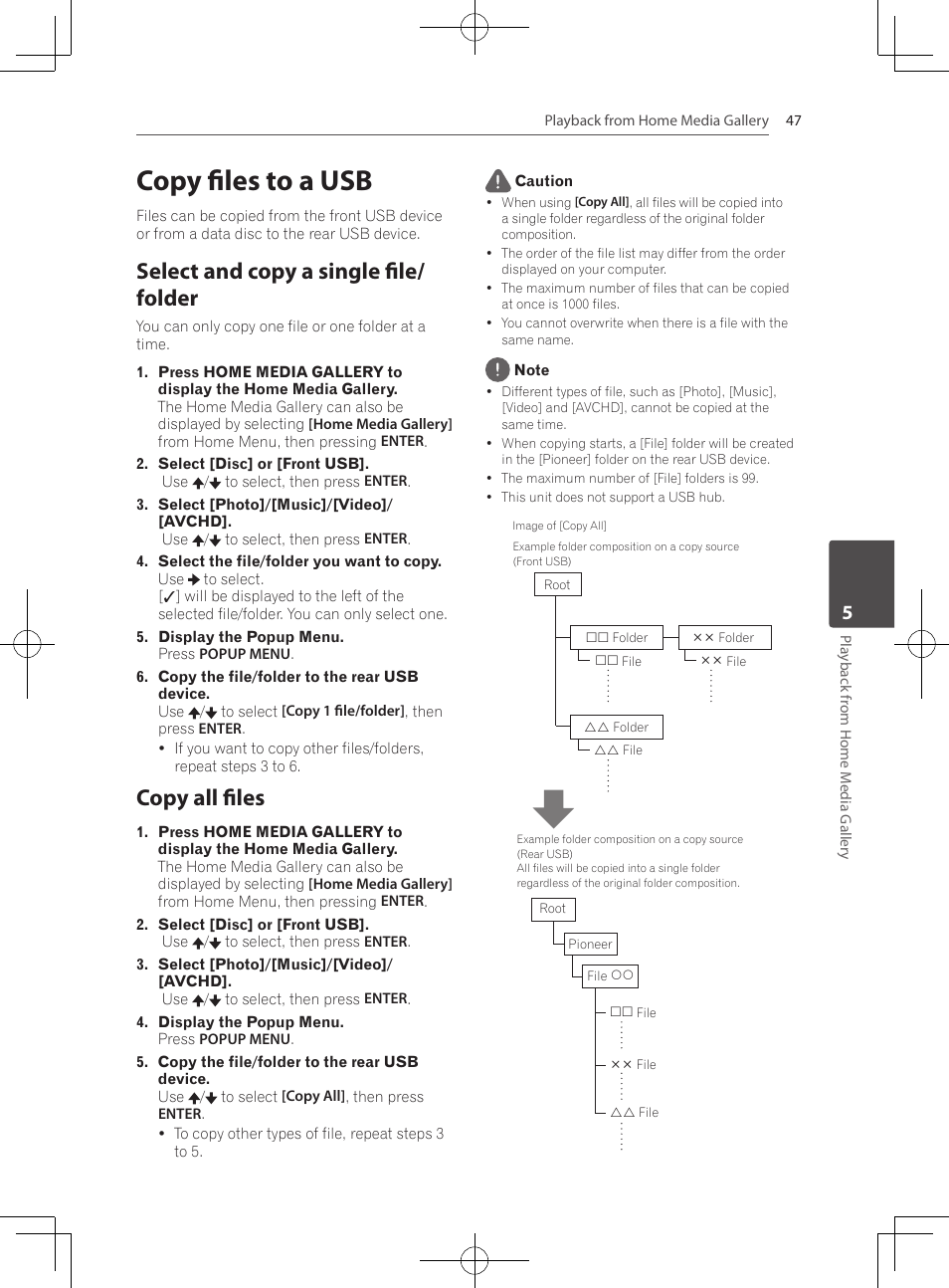 Copy files to a usb, Select and copy a single file/folder, Copy all files | Select and copy a single file/ folder | Pioneer MCS-333 User Manual | Page 47 / 76
