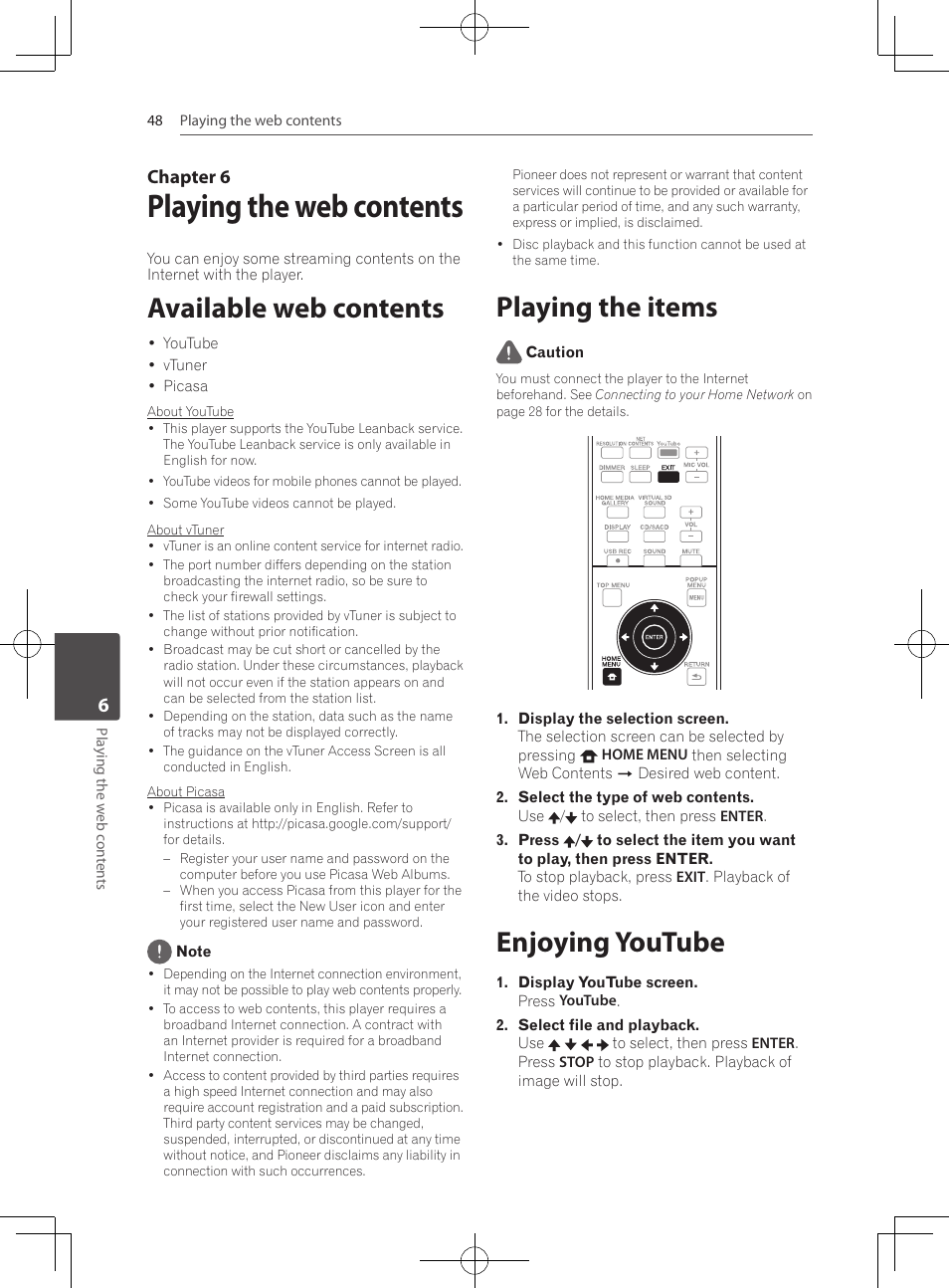 6 playing the web contents, Available web contents, Playing the items | Enjoying youtube, Playing the web contents, Chapter 6 | Pioneer MCS-333 User Manual | Page 48 / 76