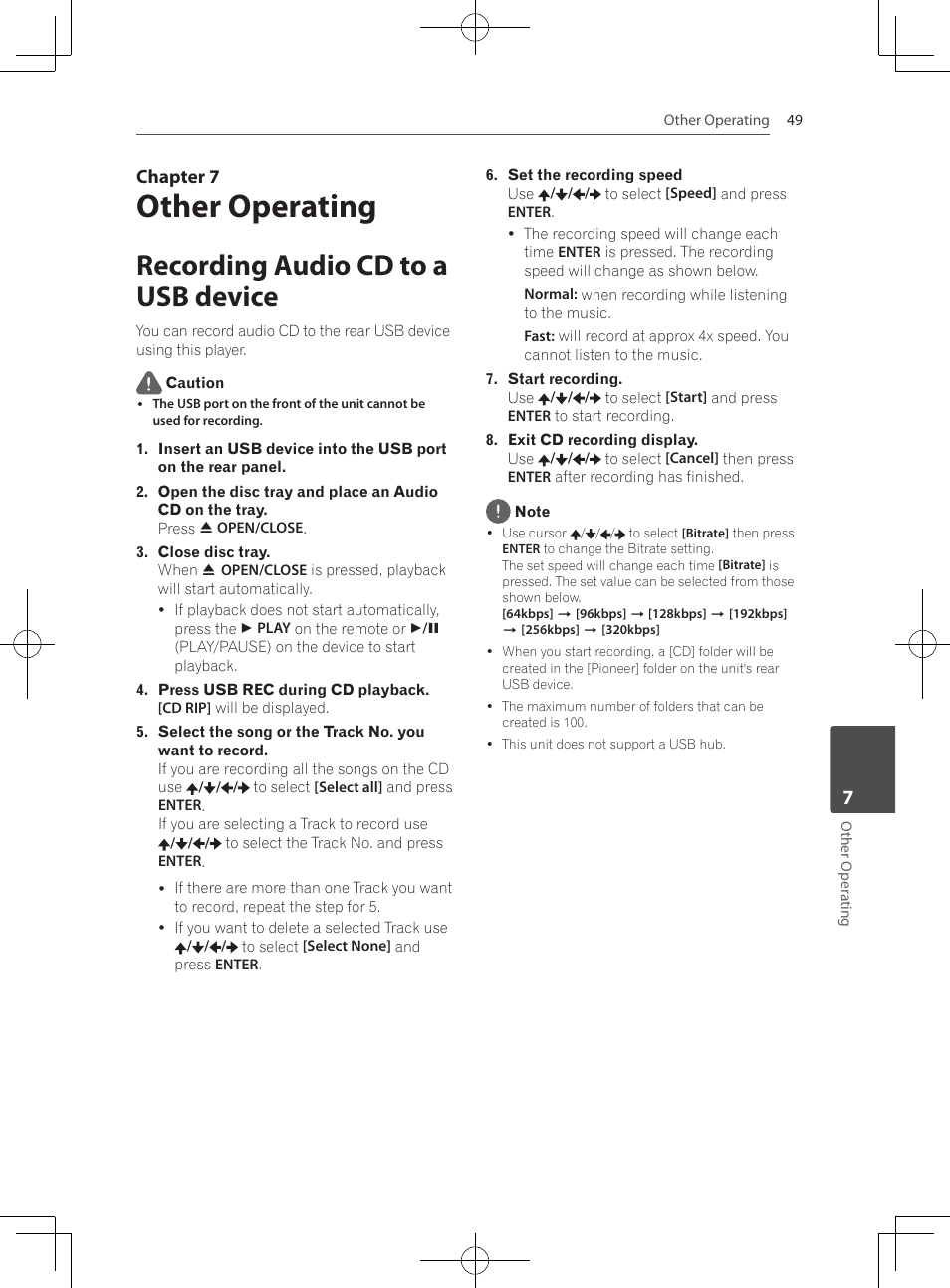7 other operating, Recording audio cd to a usb device, Other operating | Chapter 7 | Pioneer MCS-333 User Manual | Page 49 / 76