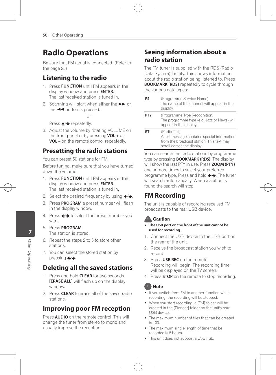 Radio operations, Listening to the radio, Presetting the radio stations | Deleting all the saved stations, Improving poor fm reception, Seeing information about a radio station, Fm recording | Pioneer MCS-333 User Manual | Page 50 / 76