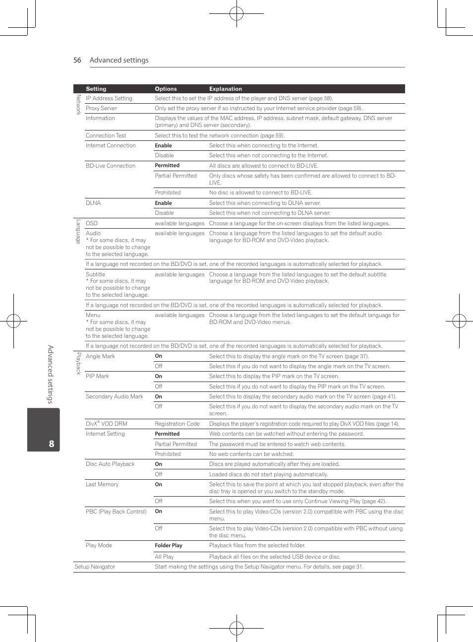 Advanced settings 56 adv anc ed settings | Pioneer MCS-333 User Manual | Page 56 / 76
