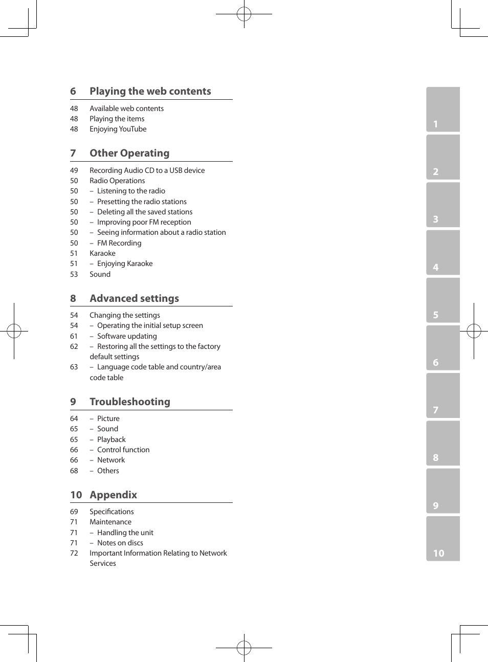 6 playing the web contents, 7 other operating, 8 advanced settings | 9 troubleshooting, 10 appendix | Pioneer MCS-333 User Manual | Page 7 / 76