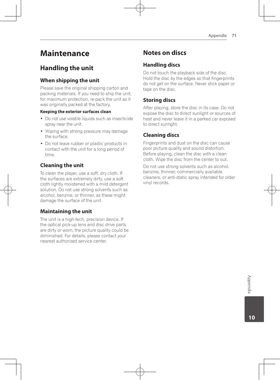 71 maintenance 71, Handling the unit, Notes on discs | Maintenance | Pioneer MCS-333 User Manual | Page 71 / 76