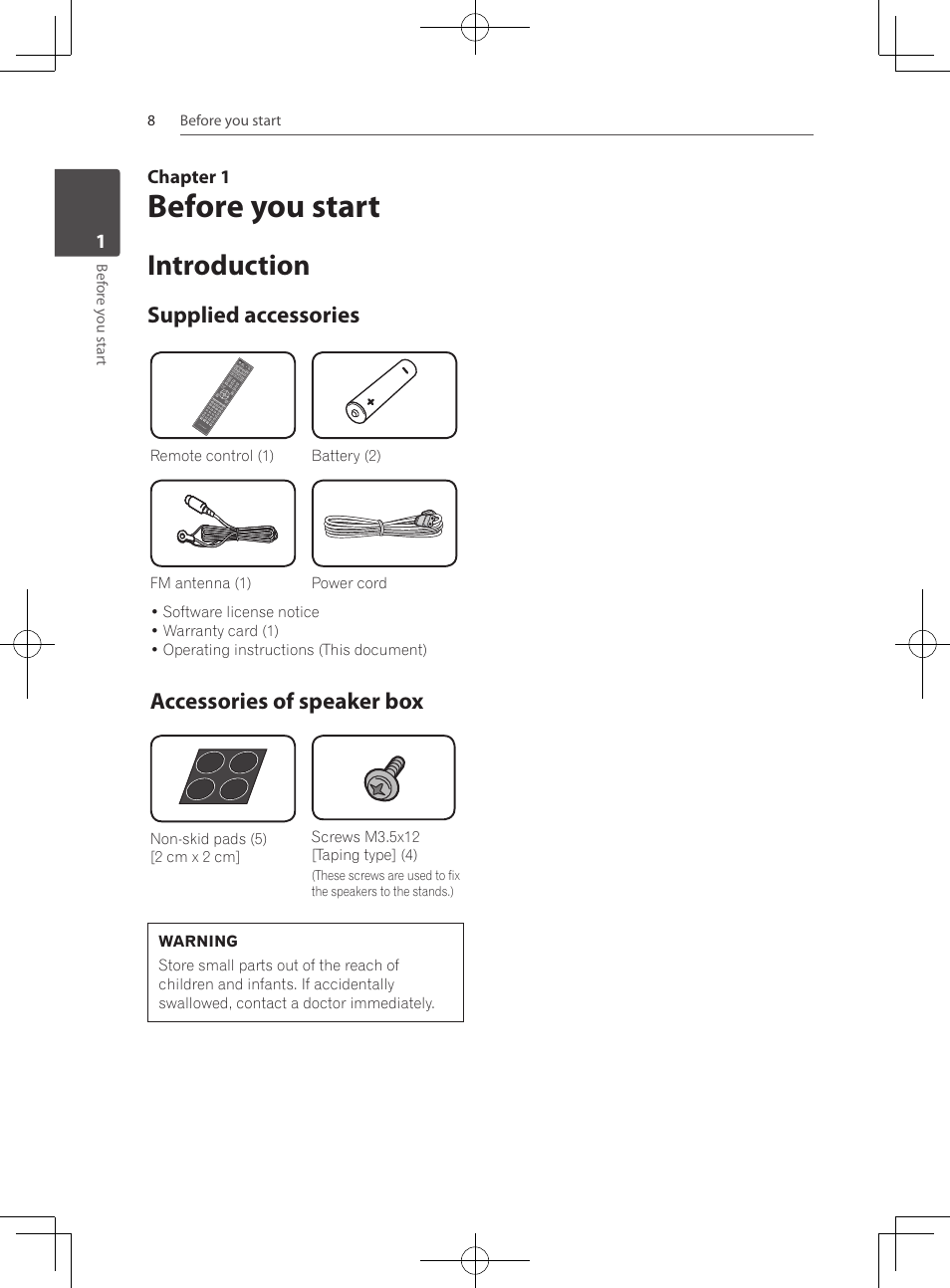 1 before you start, 8 introduction 8, Supplied accessories | Accessories of speaker box, Before you start, Introduction | Pioneer MCS-333 User Manual | Page 8 / 76