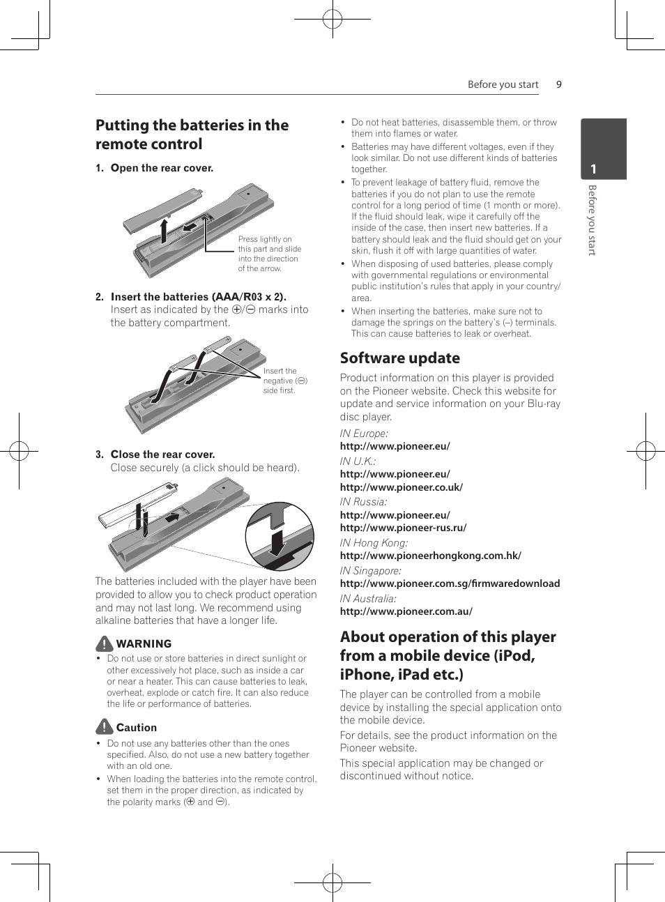 Putting the batteries in the remote control, Software update | Pioneer MCS-333 User Manual | Page 9 / 76