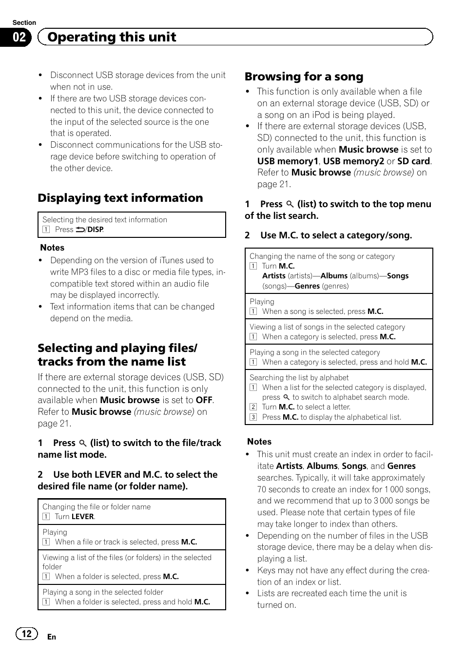 02 operating this unit, Displaying text information, Browsing for a song | Pioneer DEH-8400BT User Manual | Page 12 / 36