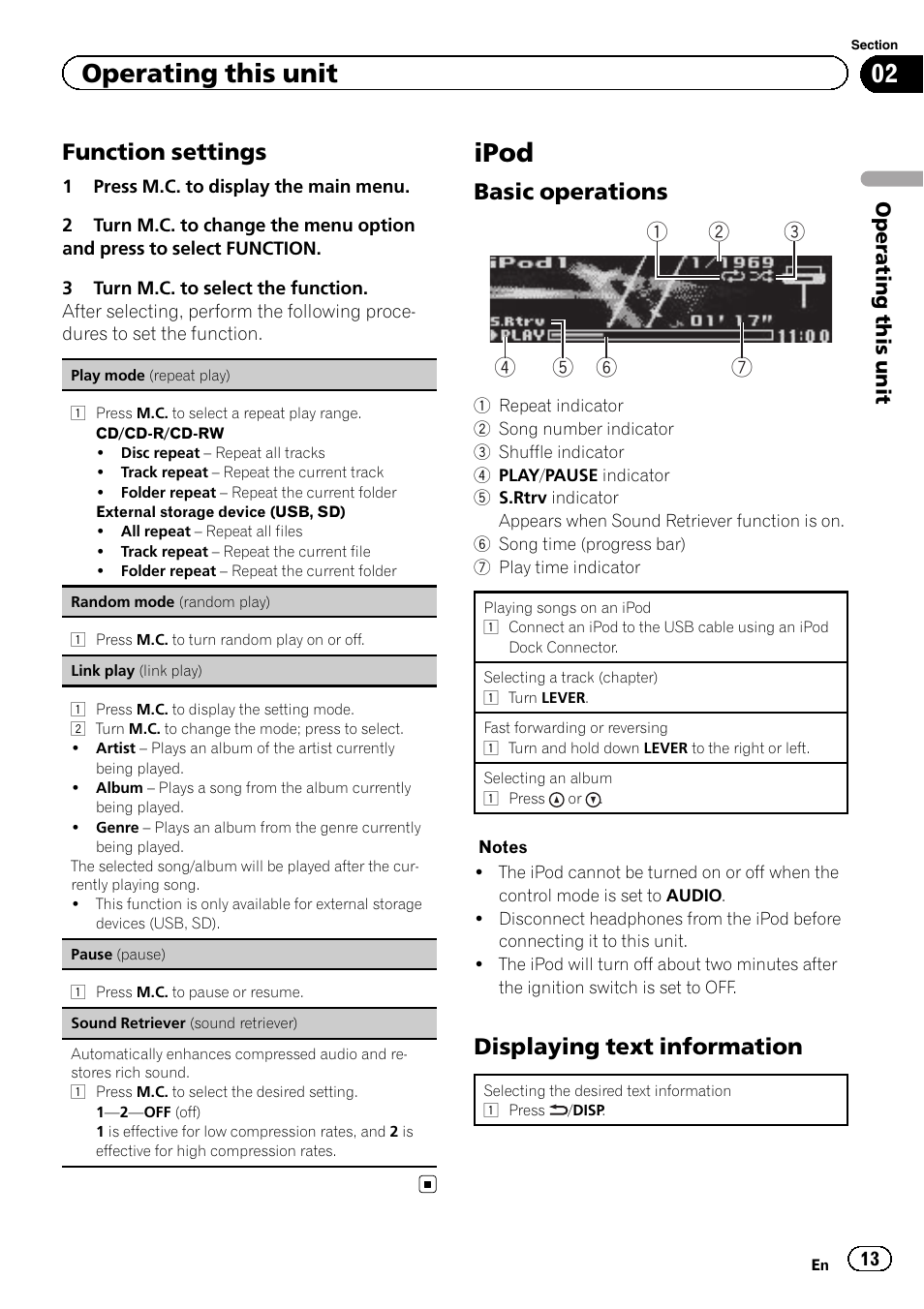 Ipod, Operating this unit, Function settings | Basic operations, Displaying text information | Pioneer DEH-8400BT User Manual | Page 13 / 36
