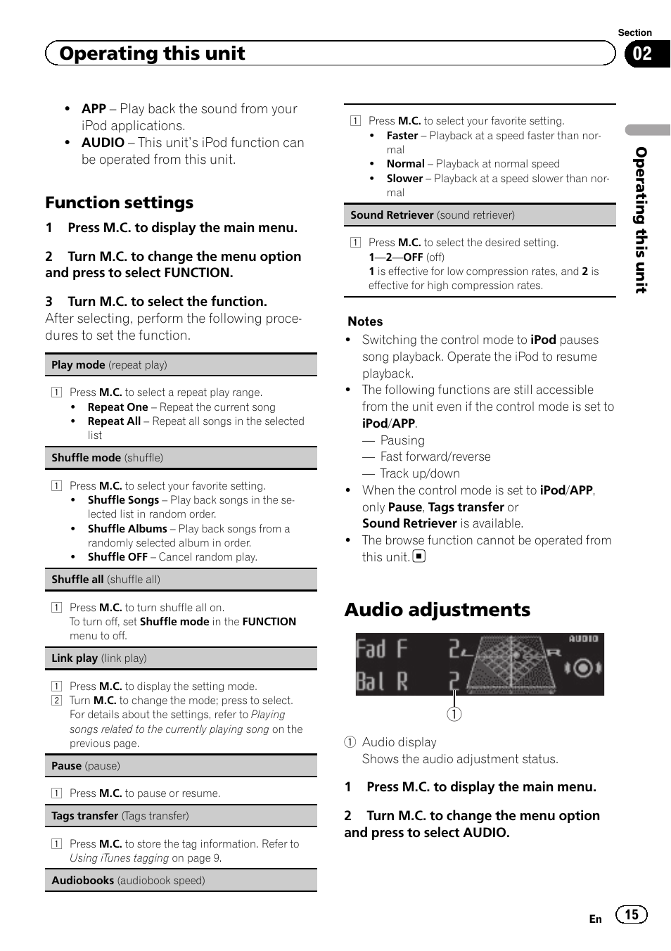 Audio adjustments, Function settings, Operating this unit | Pioneer DEH-8400BT User Manual | Page 15 / 36