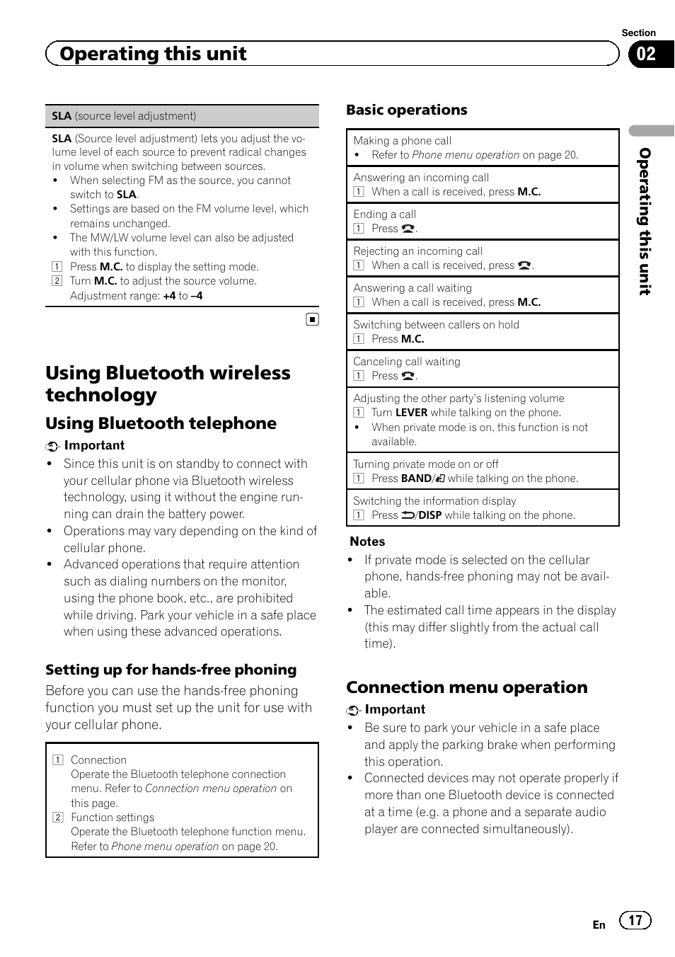Using bluetooth wireless technology, Using bluetooth telephone, Connection menu operation | Operating this unit | Pioneer DEH-8400BT User Manual | Page 17 / 36