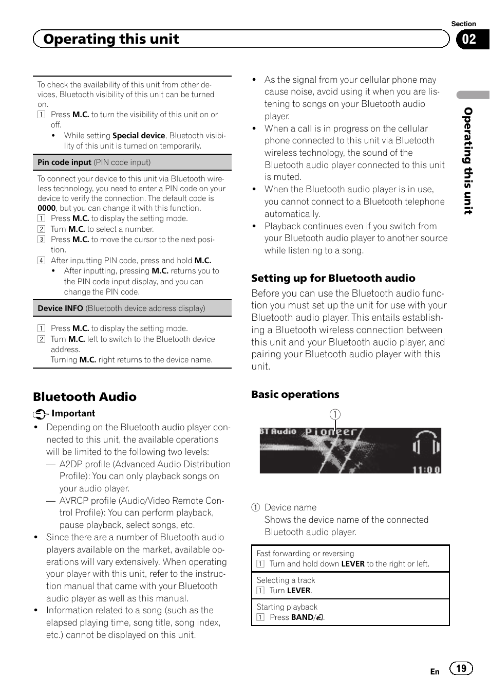 Operating this unit, Bluetooth audio | Pioneer DEH-8400BT User Manual | Page 19 / 36