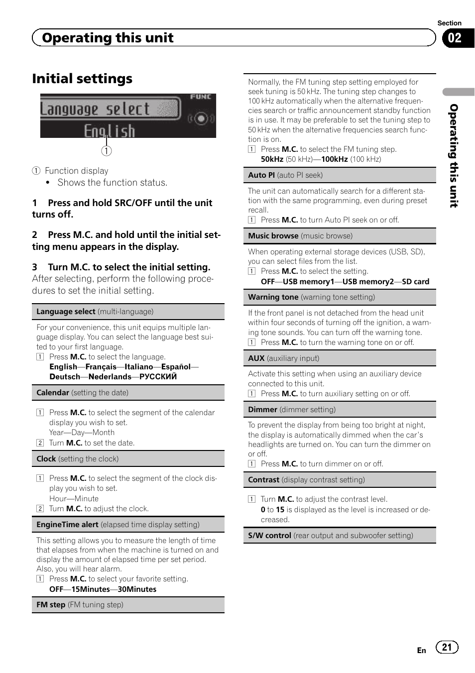 Initial settings, Music browse (music browse) on, Operating this unit | Pioneer DEH-8400BT User Manual | Page 21 / 36