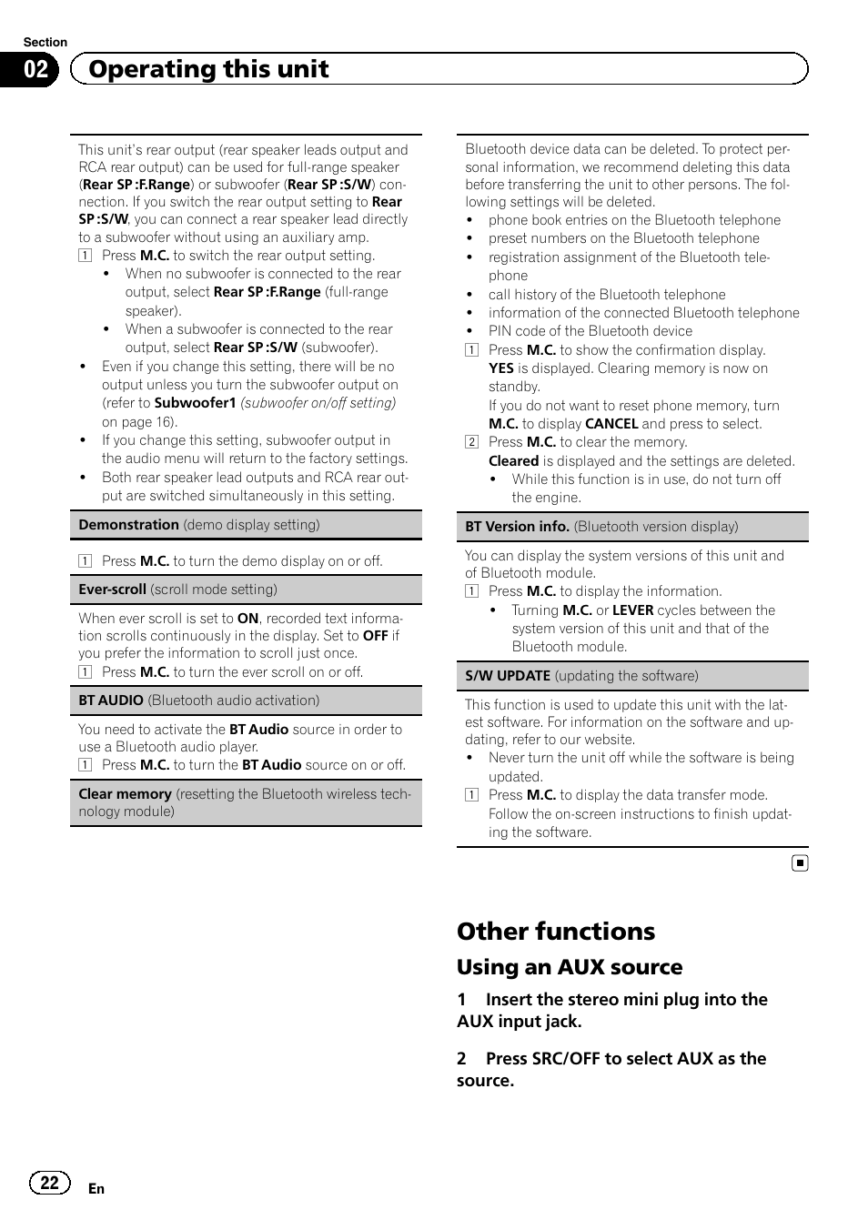 Other functions, 02 operating this unit, Using an aux source | Pioneer DEH-8400BT User Manual | Page 22 / 36