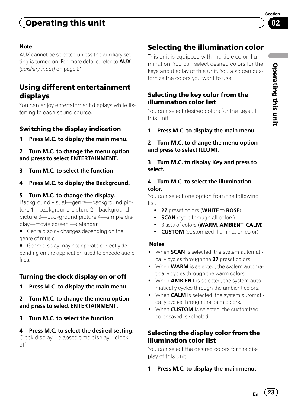 Operating this unit, Using different entertainment displays, Selecting the illumination color | Pioneer DEH-8400BT User Manual | Page 23 / 36