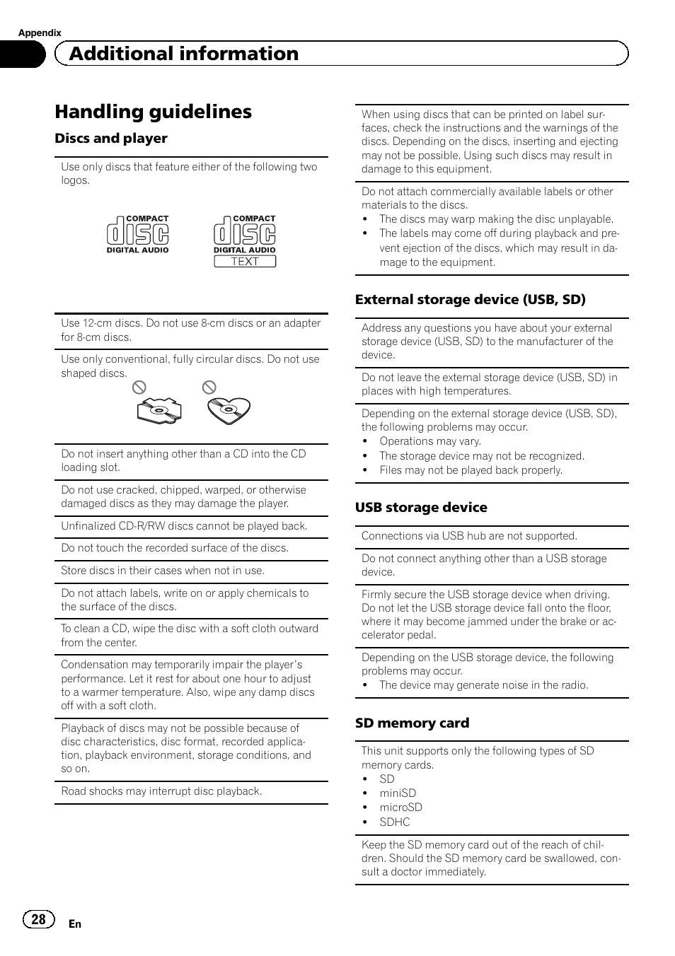 Handling guidelines, Additional information | Pioneer DEH-8400BT User Manual | Page 28 / 36