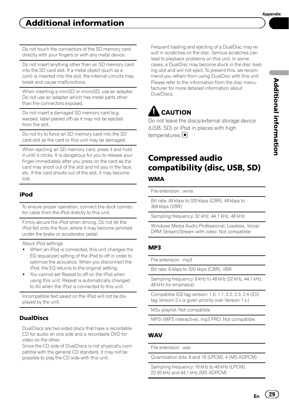 Compressed audio compatibility (disc, usb, Compressed audio compatibility (disc, usb, sd), Additional information | Pioneer DEH-8400BT User Manual | Page 29 / 36