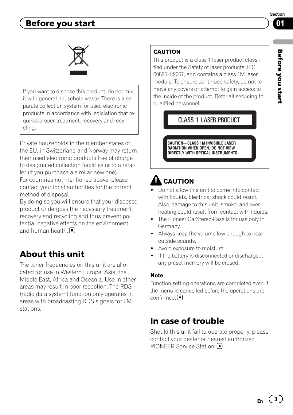 Before you start, About this unit, In case of trouble | Pioneer DEH-8400BT User Manual | Page 3 / 36