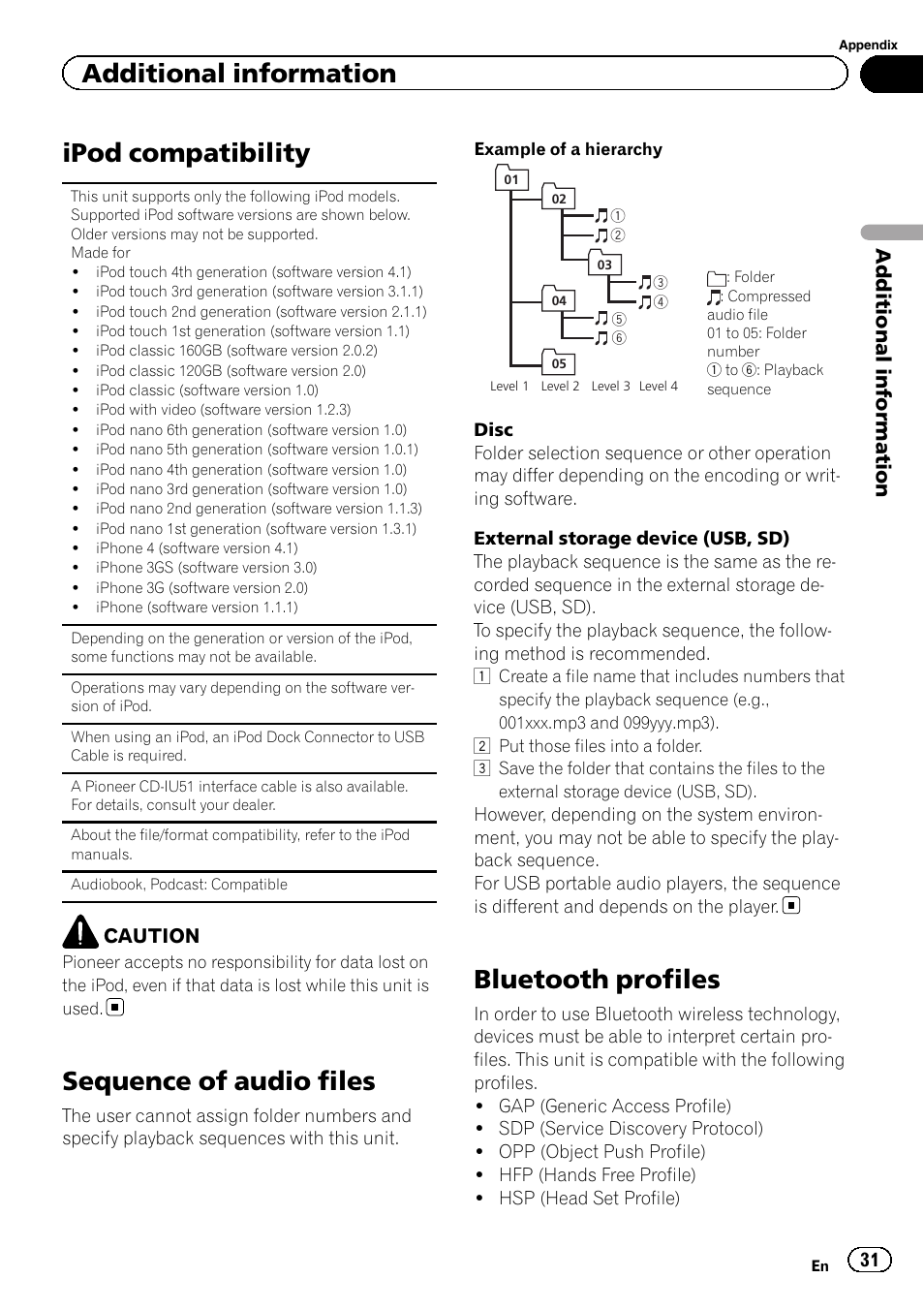 Ipod compatibility, Sequence of audio files, Bluetooth profiles | Additional information | Pioneer DEH-8400BT User Manual | Page 31 / 36