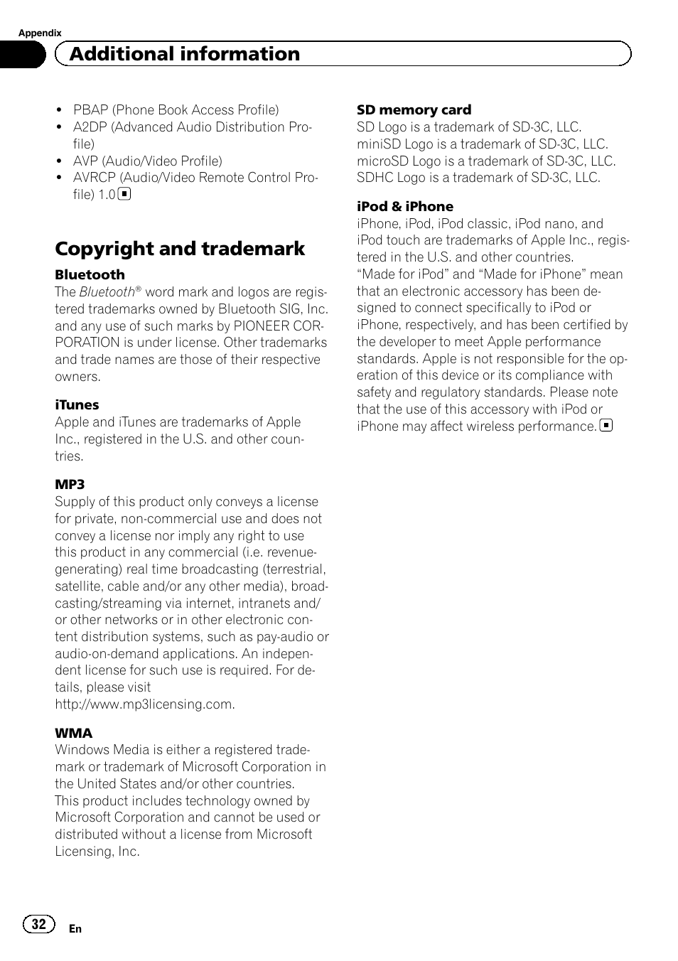 Copyright and trademark, Additional information | Pioneer DEH-8400BT User Manual | Page 32 / 36