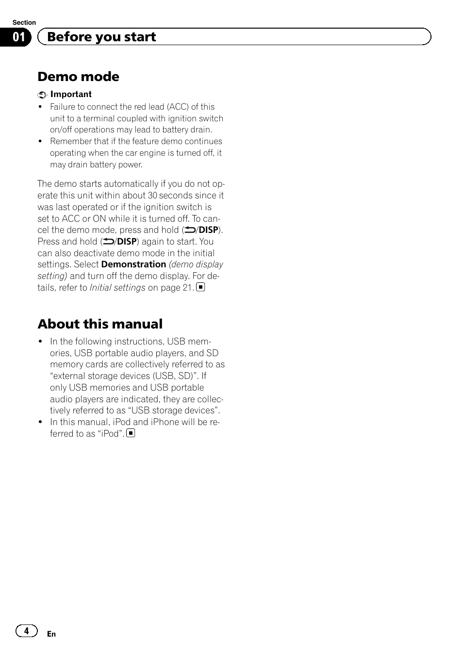 Demo mode, About this manual, 01 before you start | Pioneer DEH-8400BT User Manual | Page 4 / 36