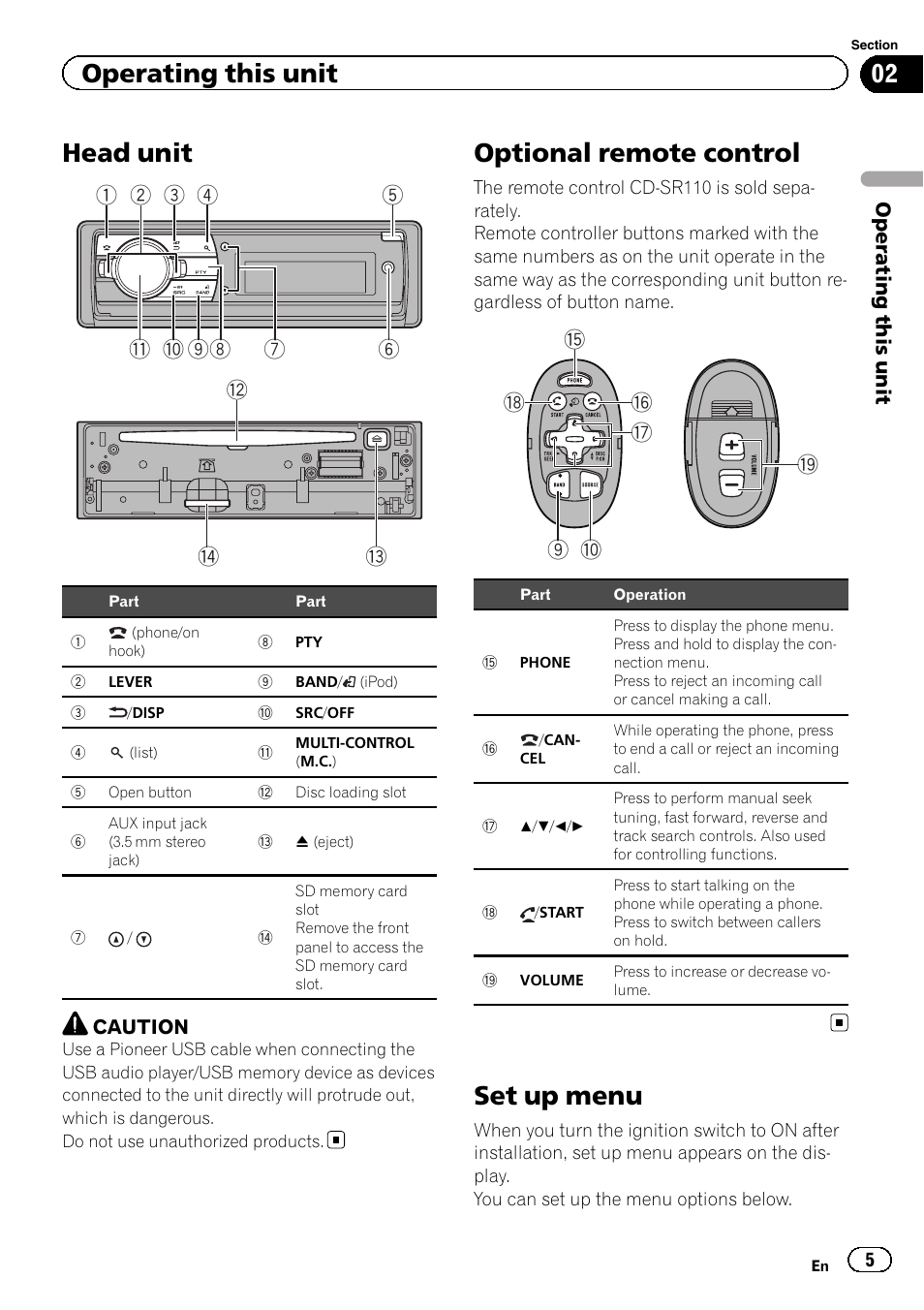 Operating this unit head unit, Optional remote control, Set up menu | Head unit, Operating this unit | Pioneer DEH-8400BT User Manual | Page 5 / 36