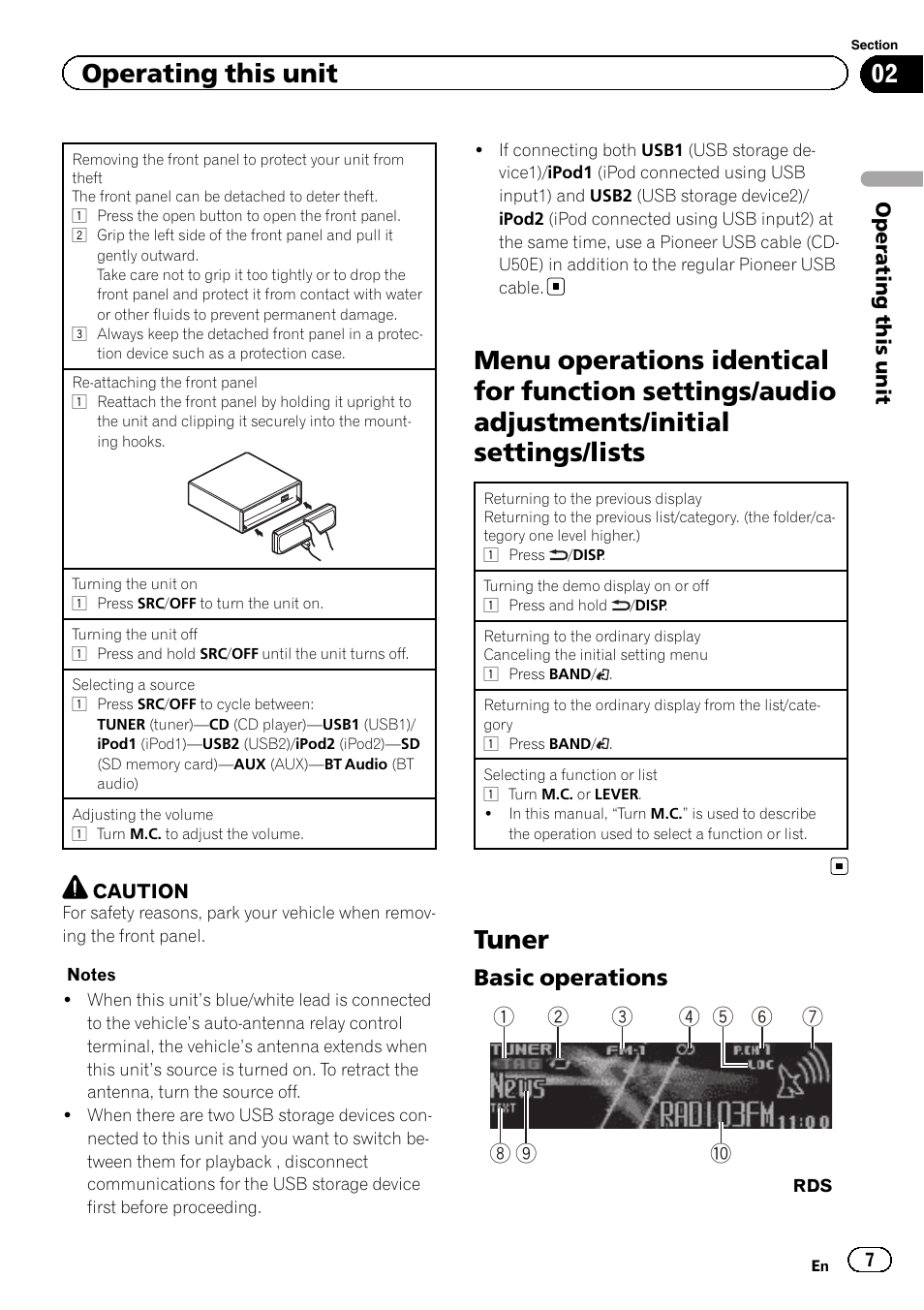 Menu operations identical for function, Settings/audio adjustments/initial settings/ lists, Tuner | Operating this unit, Basic operations | Pioneer DEH-8400BT User Manual | Page 7 / 36