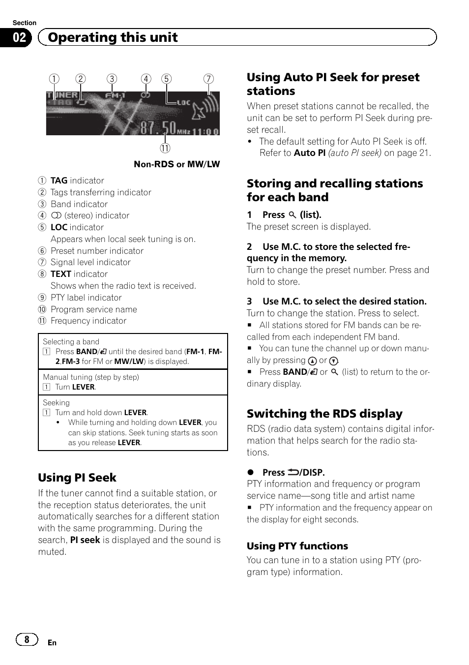 02 operating this unit, Using pi seek, Using auto pi seek for preset stations | Storing and recalling stations for each band, Switching the rds display | Pioneer DEH-8400BT User Manual | Page 8 / 36