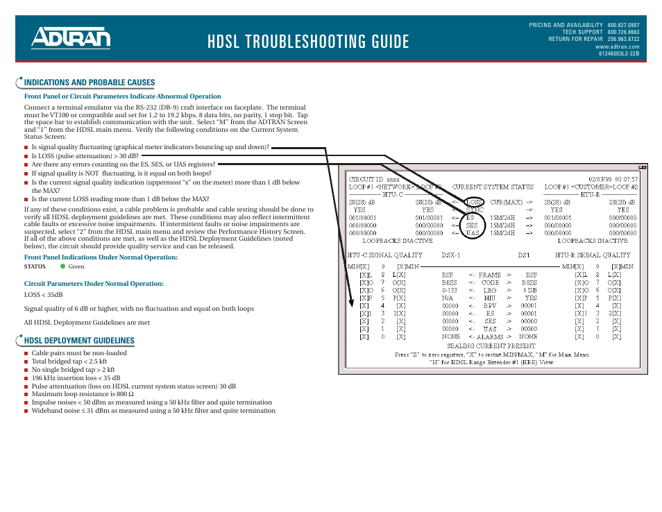Hdsl troubleshooting guide | ADTRAN HDSL HTU-C/DDM+ User Manual | Page 2 / 2