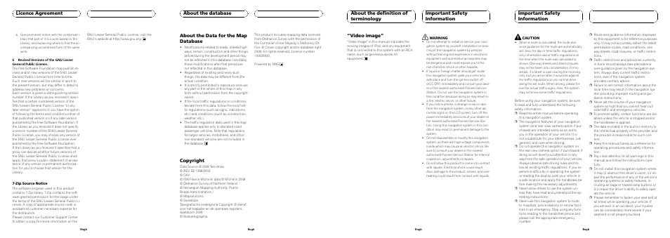 Licence agreement, About the data for the map database, Copyright | About the database, Video image, Important safety information | Pioneer AVIC F500BT User Manual | Page 4 / 6
