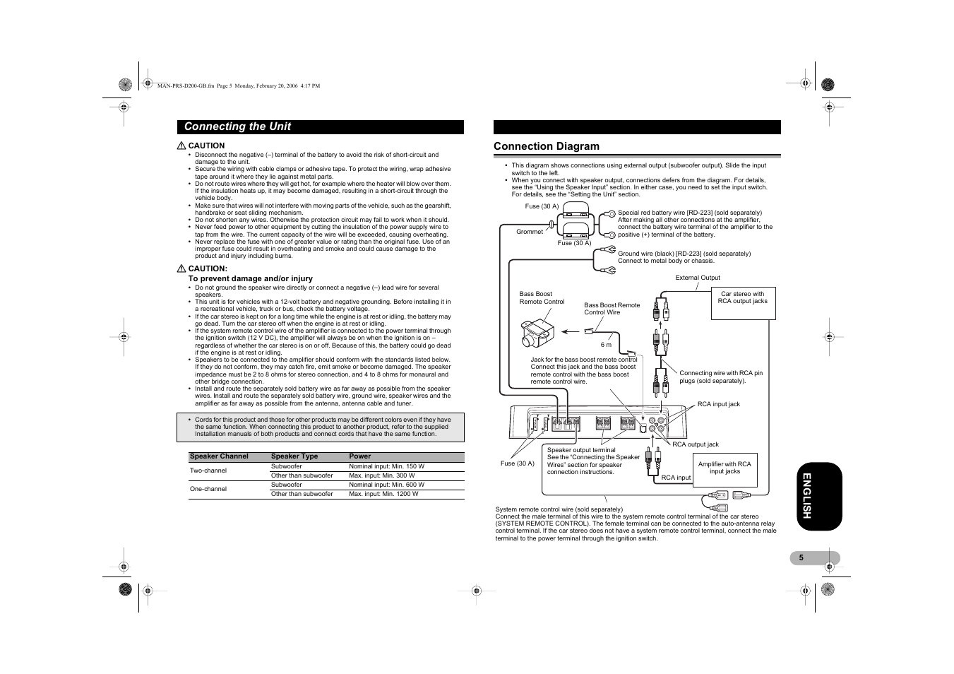 Connecting the unit, En g l is h connection diagram | Pioneer PRS-D200 User Manual | Page 5 / 12